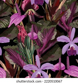 Seamless pattern with hand drawn colored decorative cabbage and violet tropical flowers. Japanese new year flower. Fresh purple cabbage, cauliflower, chinese cabbage.