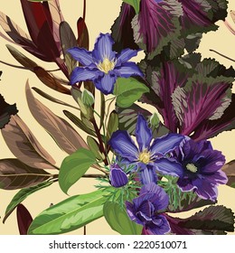 Seamless pattern with hand drawn colored decorative cabbage and violet tropical flowers. Japanese new year flower. Fresh purple cabbage, cauliflower, chinese cabbage.