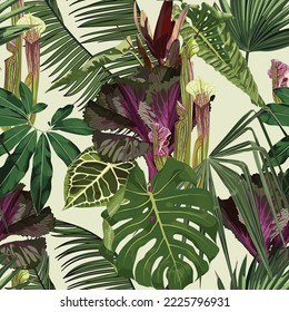 Seamless pattern with hand drawn colored decorative cabbage and tropical leaves. Japanese new year flower. Fresh purple cabbage, cauliflower, chinese cabbage.