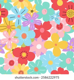 Seamless pattern with hand drawn colored flowers, vector eps10 illustration