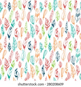 Seamless pattern with hand drawn colored feathers. Vector illustration