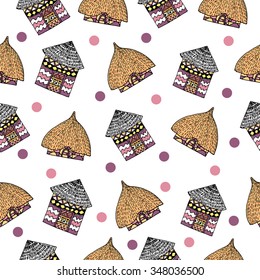 Seamless pattern with Hand drawn colored sketch of typical African country house with big roof. Authentic southern house. Vector stock. Hut with palm roof and geometric pattern. Wrapping paper.