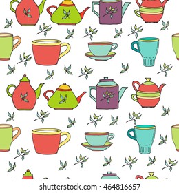 Seamless pattern with hand drawn colored tea pots, tea cups, tea leafs. Vector stock illustration. Elements for menu for restaurants and cafe. Wrapping paper. 