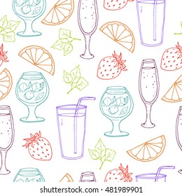 Seamless pattern with hand drawn colored illustration with 3 summer cocktails: sparkling wine, MOJITO with lime, strawberry and mint leaves. Summer cocktail bar template. Vector illustration.