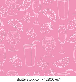 Seamless pattern with hand drawn colored illustration with 3 summer cocktails: sparkling wine, MOJITO with lime, strawberry and mint leaves. Summer cocktail bar template. Vector illustration.
