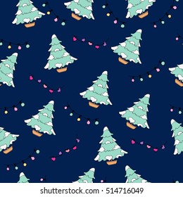 Seamless pattern with hand drawn colored sketch of Christmas tree covered with snow. Christmas decoration, new year lights. Vector illustration. Funny kids style. Wrapping paper