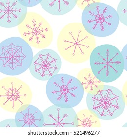 Seamless pattern with hand drawn colored snowflakes on isolated background for Christmas, New Year, winter design. EPS 10