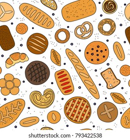 Seamless pattern with hand drawn colored baking bread, bagel, buns and pastries.