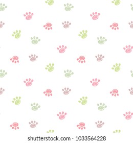 Seamless Pattern of Hand Drawn Colorful Paw Design on White Background