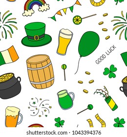 Seamless pattern with hand drawn colorful items for Saint patrick's day celebration.