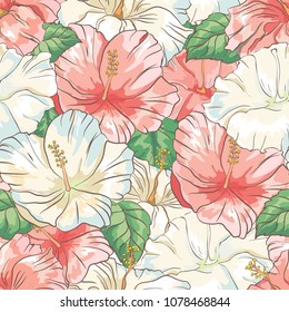 Seamless pattern with hand drawn colorful hibiscus flower, Wallpaper with tropical flowers