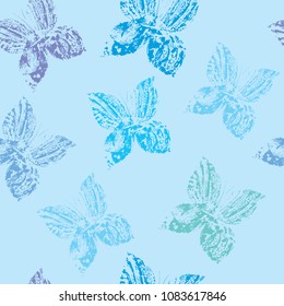 Seamless pattern with hand drawn colorful butterflies on light background. Monotype effect