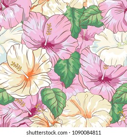 Seamless pattern with hand drawn colorful hibiscus flower, Wallpaper with tropical flowers