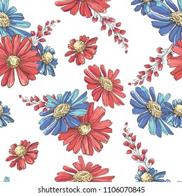 Seamless pattern with hand drawn colorful chamomiles, bluebells and leaves on white background, Wallpaper with field flowers. Vector illustration. 