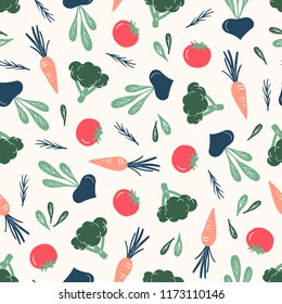 Seamless pattern with hand drawn colorful doodle vegetables. Vegan repeating background on neutral white. Sketch style vector vintage set. Healthy raw food hipster art for your design.