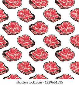 Seamless pattern hand drawn colorful meat. Doodle black sketch. Sign symbol. Decoration element. Isolated on white background. Flat design. Vector illustration.