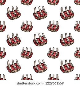 Seamless pattern hand drawn colorful meat on ribs. Doodle black sketch. Sign symbol. Decoration element. Isolated on white background. Flat design. Vector illustration.