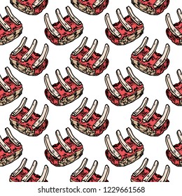 Seamless pattern hand drawn colorful meat on ribs. Doodle black sketch. Sign symbol. Decoration element. Isolated on white background. Flat design. Vector illustration.