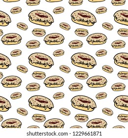 Seamless pattern hand drawn colorful donut. Doodle black sketch. Sign symbol. Decoration element. Isolated on white background. Flat design. Vector illustration.
