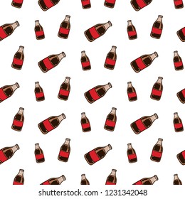 Seamless pattern hand drawn colorful cola bottle. Doodle black sketch. Sign symbol. Decoration element. Isolated on white background. Flat design. Vector illustration.