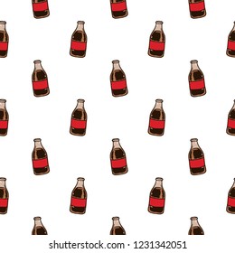 Seamless pattern hand drawn colorful cola bottle. Doodle black sketch. Sign symbol. Decoration element. Isolated on white background. Flat design. Vector illustration.