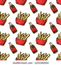 Seamless pattern hand drawn colorful cola and French fries. Doodle black sketch. Sign symbol. Decoration element. Isolated on white background. Flat design. Vector illustration.