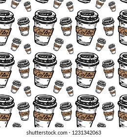 Seamless pattern hand drawn colorful cup of coffee. Doodle black sketch. Sign symbol. Decoration element. Isolated on white background. Flat design. Vector illustration.