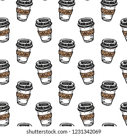 Seamless pattern hand drawn colorful cup of coffee. Doodle black sketch. Sign symbol. Decoration element. Isolated on white background. Flat design. Vector illustration.