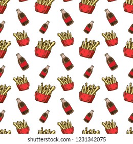 Seamless pattern hand drawn colorful cola and French fries. Doodle black sketch. Sign symbol. Decoration element. Isolated on white background. Flat design. Vector illustration.