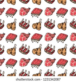 Seamless pattern hand drawn colorful beef steak, pork ham, lamb rib, minced chicken forcemeat. Doodle black sketch. Sign symbol. Isolated on white background. Flat design. Vector illustration.
