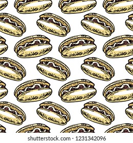 Seamless pattern hand drawn colorful Hot Dog. Doodle black sketch. Sign symbol. Decoration element. Isolated on white background. Flat design. Vector illustration.
