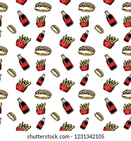 Seamless pattern hand drawn colorful Cola and French fries and Hot Dog. Doodle black sketch. Sign symbol. Decoration element. Isolated on white background. Flat design. Vector illustration.