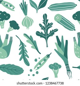 Seamless pattern with hand drawn colorful doodle green vegetables and herbs. Vector texture. Flat icons: onion, arugula, peas, cucumber, leek, broccoli, fennel. Vegetarian healthy food. Vegan, farm