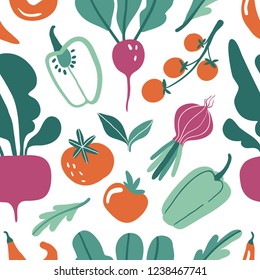 Seamless pattern with hand drawn colorful doodle vegetables. Vector texture.  Flat icons: pepper, radish, beet, tomato. Vegetarian healthy food. Vegan, farm, organic, natural background