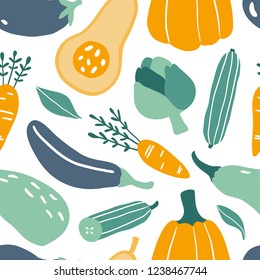 Seamless pattern with hand drawn colorful doodle vegetables. Vector texture. Flat icons: carrot, pumpkin, eggplant, artichoke. Vegetarian healthy food. Vegan, farm, organic, natural background