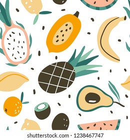 Seamless pattern with hand drawn colorful doodle tropic fruits. Vector texture. Flat icons: watermelon, mango, papaya, banana, orange, dragon fruit, kiwi, pineapple. Vegetarian healthy food. Vegan