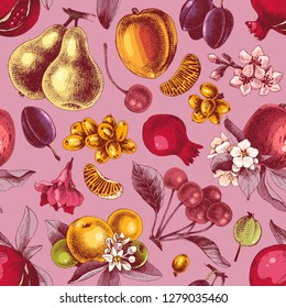 Seamless pattern with hand drawn colorful fruits . Vector illustration