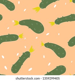Seamless pattern with hand drawn colorful doodle vegetables-cucumber. Vector cartoon texture. Vegetarian healthy food. Vegan, farm, organic, natural background 