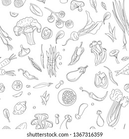 Seamless pattern with hand drawn colorful doodle vegetables. Sketch style vector set. Icons set: cucumber, carrot, onion, tomato. 