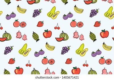 Seamless pattern with hand drawn colorful doodle fruits.  different cute fruits summer background texture. Scandinavian style. Healthy food. Vector illustration