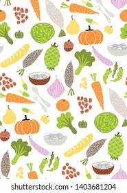 Seamless pattern with hand drawn colorful doodle vegetables.  Vegetables vector background. Scandinavian style. Healthy food. Vector illustration