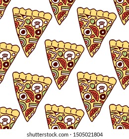 Seamless pattern of hand drawn colorful pizza piece.