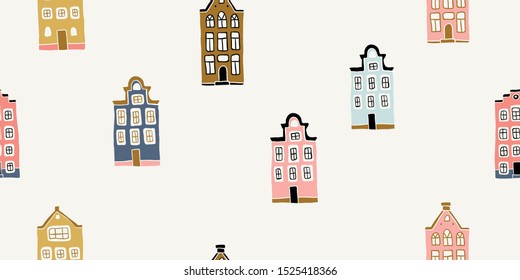 Seamless pattern with hand drawn colorful houses in scandinavian style. Perfect for fabric. textile, wallpaper. Scandinavian urban buildings background in pastel colors. Minimalistic Amsterdam pattern