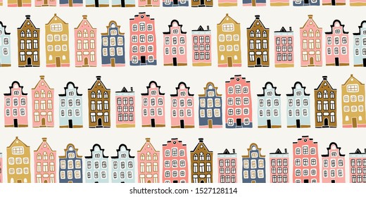 Seamless pattern with hand drawn colorful houses in scandinavian style. Perfect for fabric. textile, wallpaper. Scandinavian urban buildings background in pastel colors. Minimalistic Amsterdam pattern