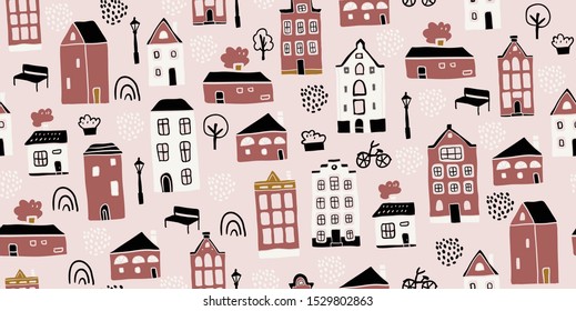 Seamless pattern with hand drawn colorful houses in scandinavian style. Perfect for fabric. textile, wallpaper. Scandinavian urban buildings background in pastel colors. Minimalistic Amsterdam pattern