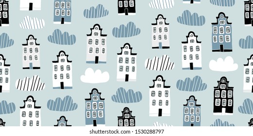 Seamless pattern with hand drawn colorful houses in scandinavian style. Perfect for fabric. textile, wallpaper. Scandinavian urban buildings background in pastel colors. Minimalistic Amsterdam pattern