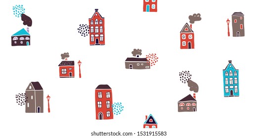 Seamless pattern with hand drawn colorful houses in scandinavian style. Perfect for fabric. textile, wallpaper. Scandinavian urban buildings background in bright colors. Minimalistic Amsterdam pattern