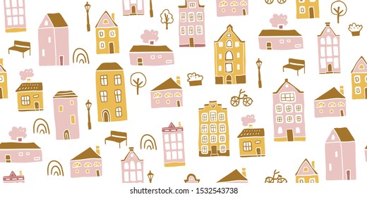 Seamless pattern with hand drawn colorful houses in scandinavian style. Perfect for fabric. textile, wallpaper. Scandinavian urban buildings background in pastel colors. Minimalistic Amsterdam pattern