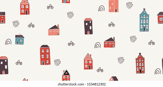 Seamless pattern with hand drawn colorful houses and bicycles in scandinavian style. Perfect for fabric. textile, wallpaper. Minimalistic Amsterdam pattern