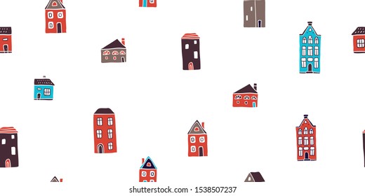 Seamless pattern with hand drawn colorful houses and bicycles in scandinavian style. Perfect for fabric. textile, wallpaper. Minimalistic Amsterdam pattern